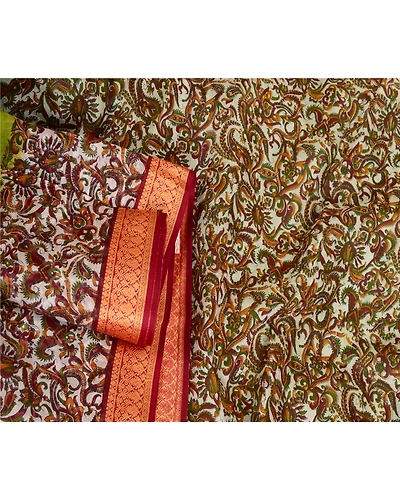Sanskriti Vintage Sarees From India Green Printed Pure Silk Sari Craft Fabric, PR-63597-Green-Pure Silk-2