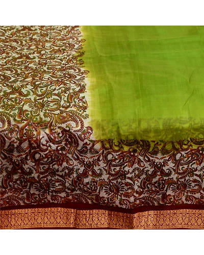 Sanskriti Vintage Sarees From India Green Printed Pure Silk Sari Craft Fabric, PR-63597-Green-Pure Silk-3