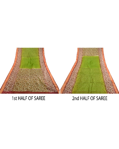 Sanskriti Vintage Sarees From India Green Printed Pure Silk Sari Craft Fabric, PR-63597-Green-Pure Silk-4