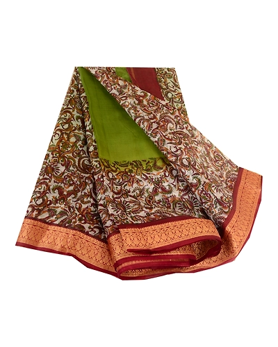 Sanskriti Vintage Sarees From India Green Printed Pure Silk Sari Craft Fabric, PR-63597-Green-Pure Silk-6