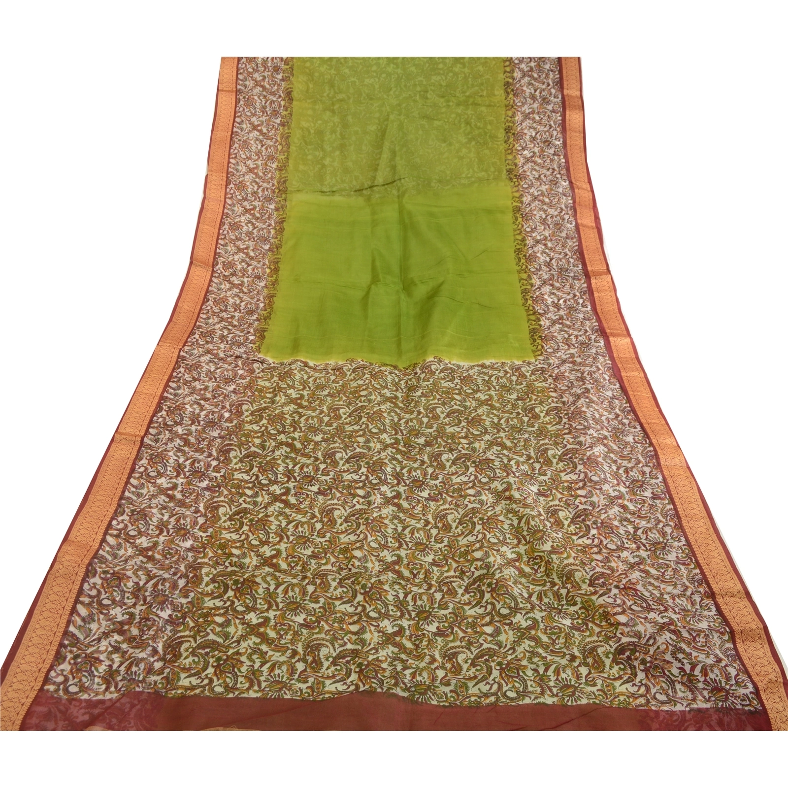 Sanskriti Vintage Sarees From India Green Printed Pure Silk Sari Craft Fabric, PR-63597-Green-Pure Silk-7