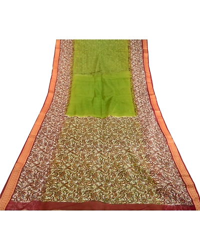 Sanskriti Vintage Sarees From India Green Printed Pure Silk Sari Craft Fabric, PR-63597-Green-Pure Silk-7