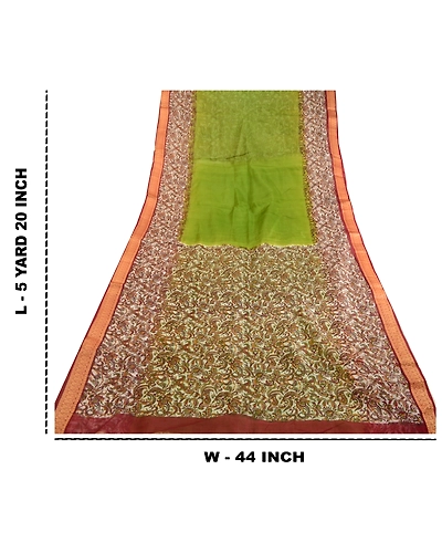 Sanskriti Vintage Sarees From India Green Printed Pure Silk Sari Craft Fabric, PR-63597-Green-Pure Silk-8