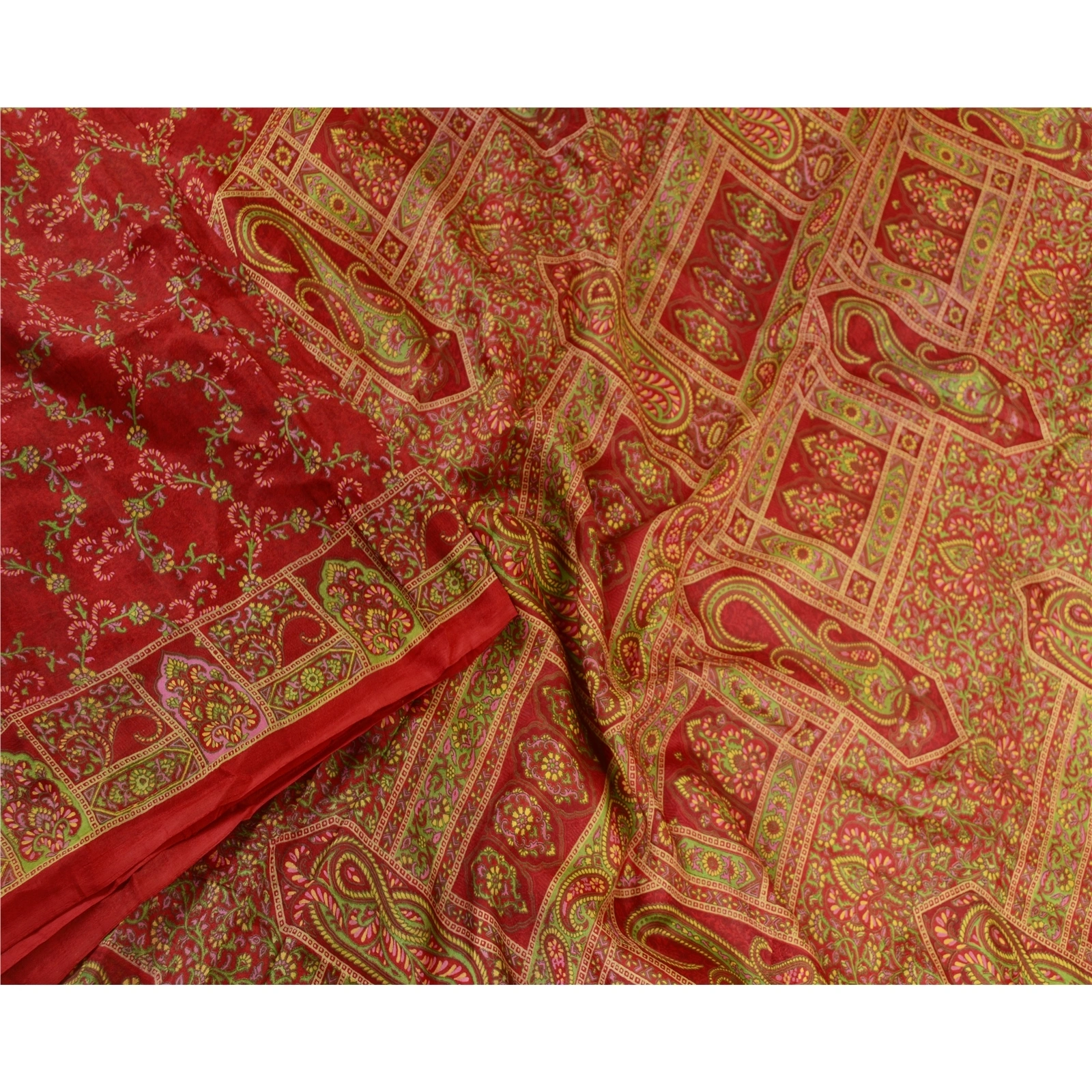 Sanskriti Vintage Sarees Dark Red Pure Silk Printed Sari Floral 5Yd Craft Fabric, PR-63599-Dark Red-Pure Silk-1