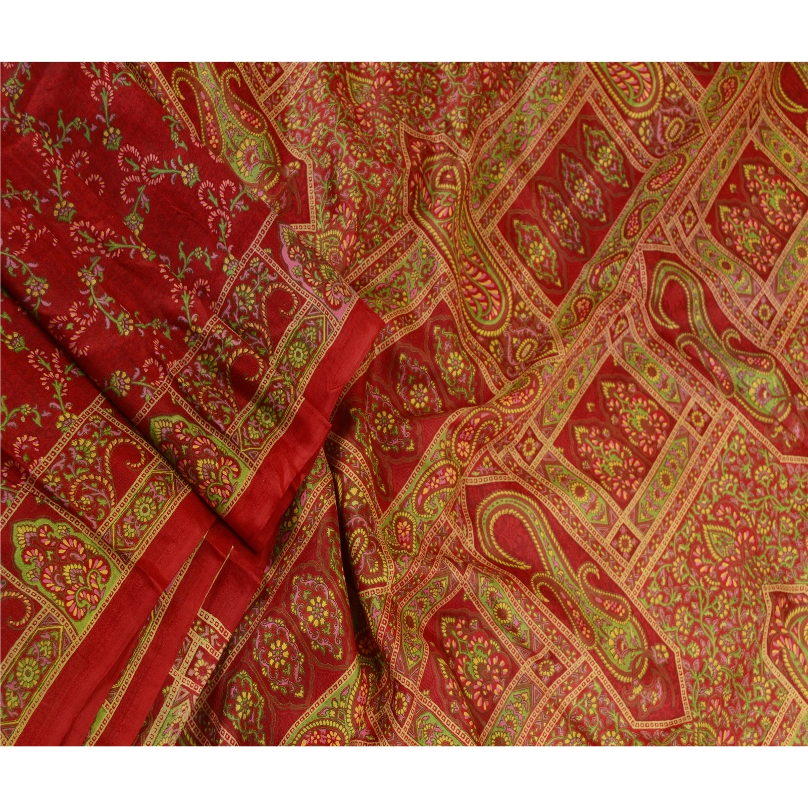 Sanskriti Vintage Sarees Dark Red Pure Silk Printed Sari Floral 5Yd Craft Fabric, PR-63599-Dark Red-Pure Silk-2