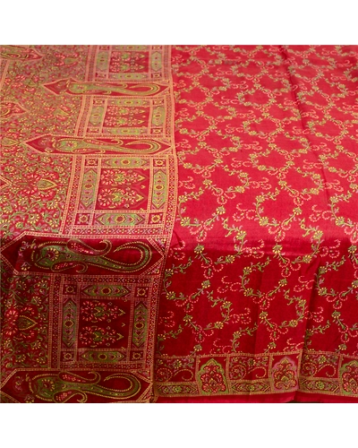 Sanskriti Vintage Sarees Dark Red Pure Silk Printed Sari Floral 5Yd Craft Fabric, PR-63599-Dark Red-Pure Silk-3