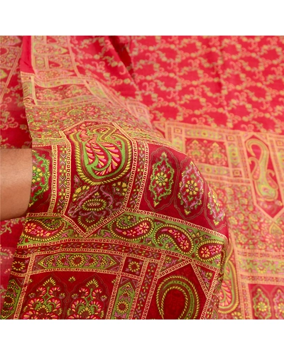Sanskriti Vintage Sarees Dark Red Pure Silk Printed Sari Floral 5Yd Craft Fabric, PR-63599-Dark Red-Pure Silk-5