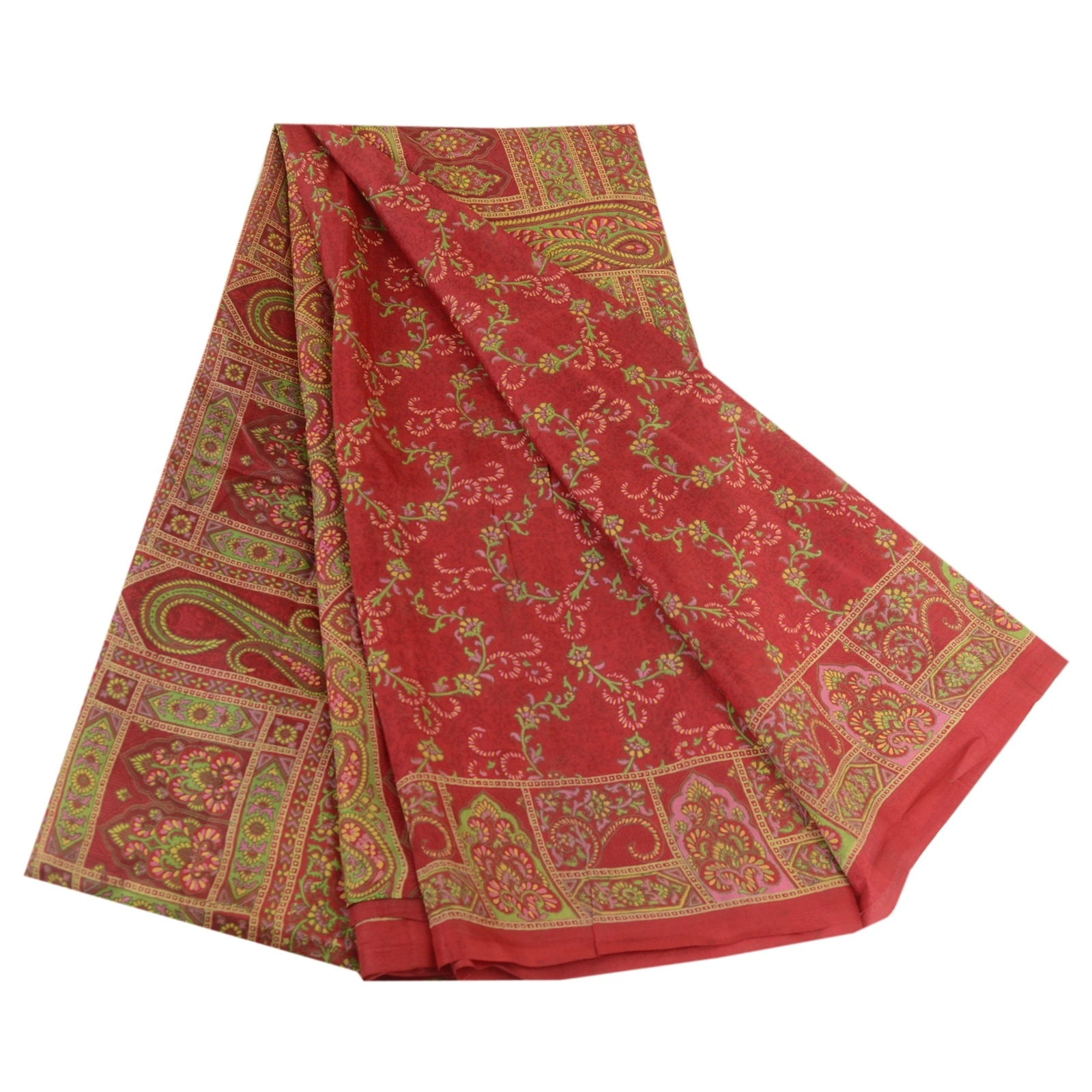 Sanskriti Vintage Sarees Dark Red Pure Silk Printed Sari Floral 5Yd Craft Fabric, PR-63599-Dark Red-Pure Silk-6