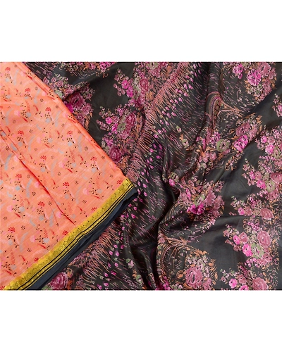 Sanskriti Vintage Sarees Peach Zari Border Pure Silk Printed Sari Craft Fabric, PR-63604-Peach-Pure Silk-1