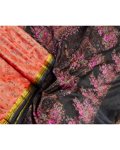 Sanskriti Vintage Sarees Peach Zari Border Pure Silk Printed Sari Craft Fabric, PR-63604-Peach-Pure Silk-2