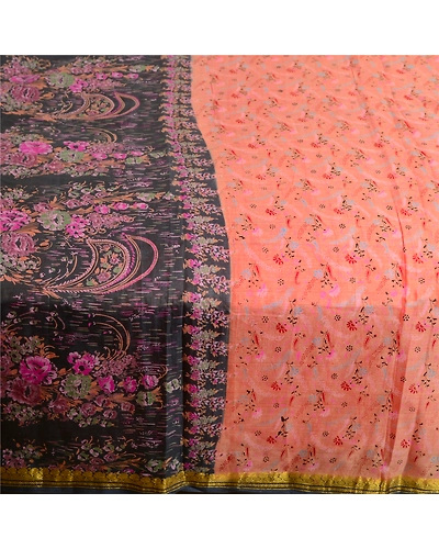 Sanskriti Vintage Sarees Peach Zari Border Pure Silk Printed Sari Craft Fabric, PR-63604-Peach-Pure Silk-3