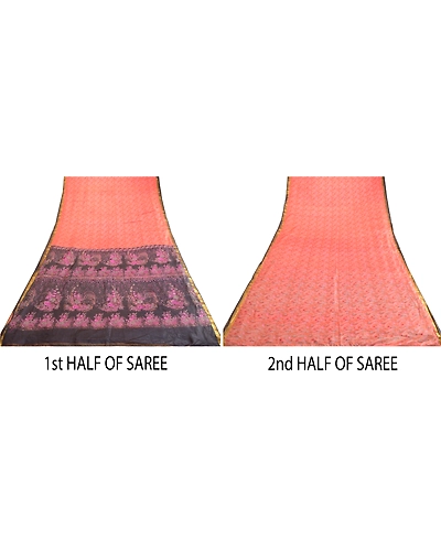 Sanskriti Vintage Sarees Peach Zari Border Pure Silk Printed Sari Craft Fabric, PR-63604-Peach-Pure Silk-4