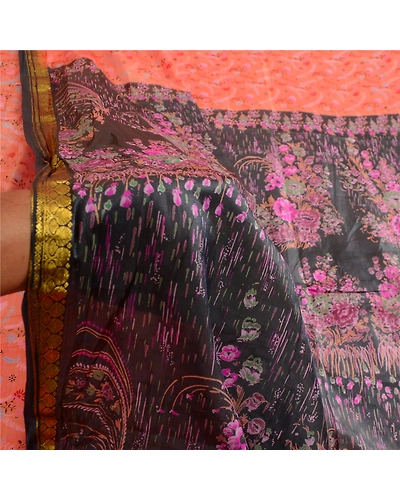 Sanskriti Vintage Sarees Peach Zari Border Pure Silk Printed Sari Craft Fabric, PR-63604-Peach-Pure Silk-5