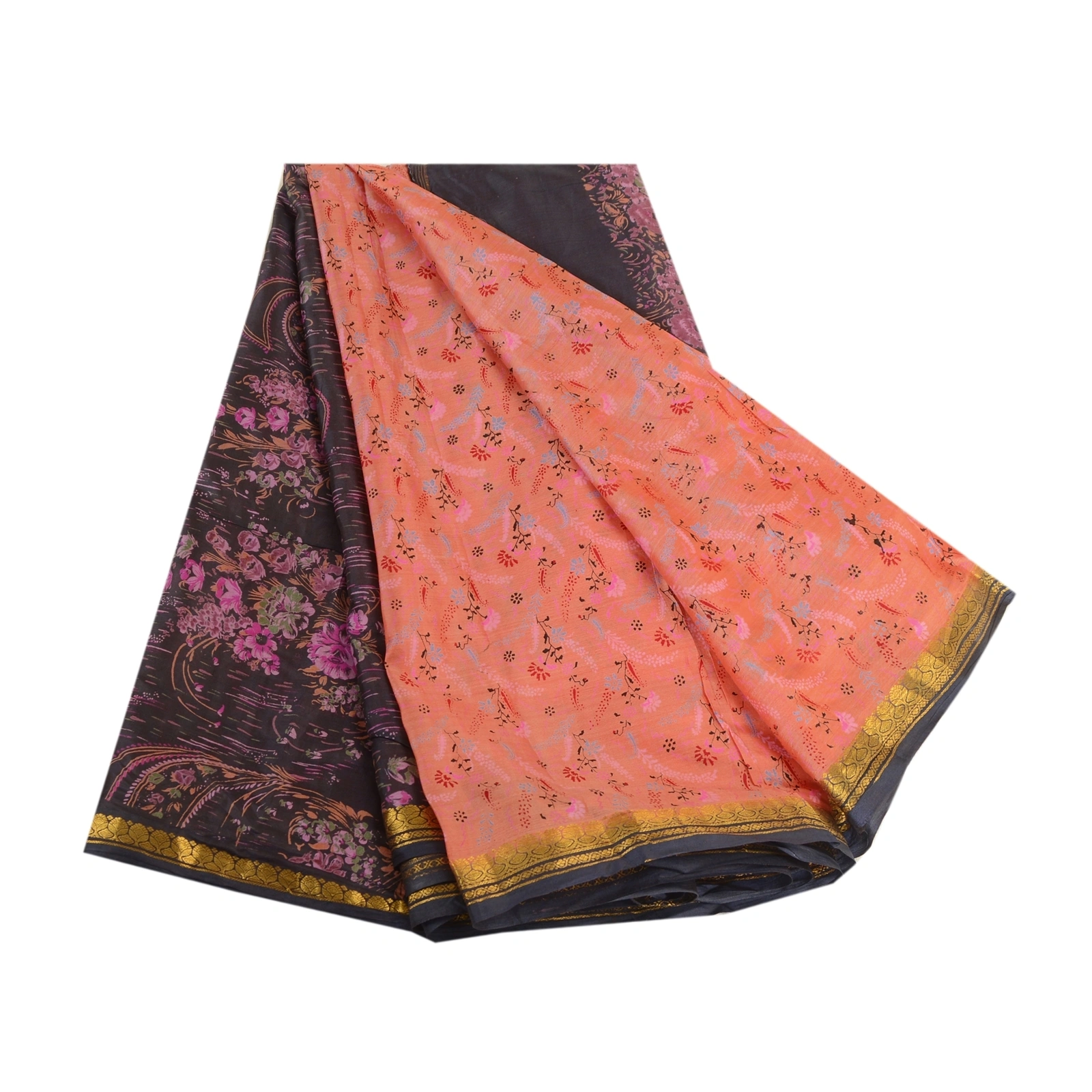 Sanskriti Vintage Sarees Peach Zari Border Pure Silk Printed Sari Craft Fabric, PR-63604-Peach-Pure Silk-6