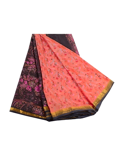 Sanskriti Vintage Sarees Peach Zari Border Pure Silk Printed Sari Craft Fabric, PR-63604-Peach-Pure Silk-6
