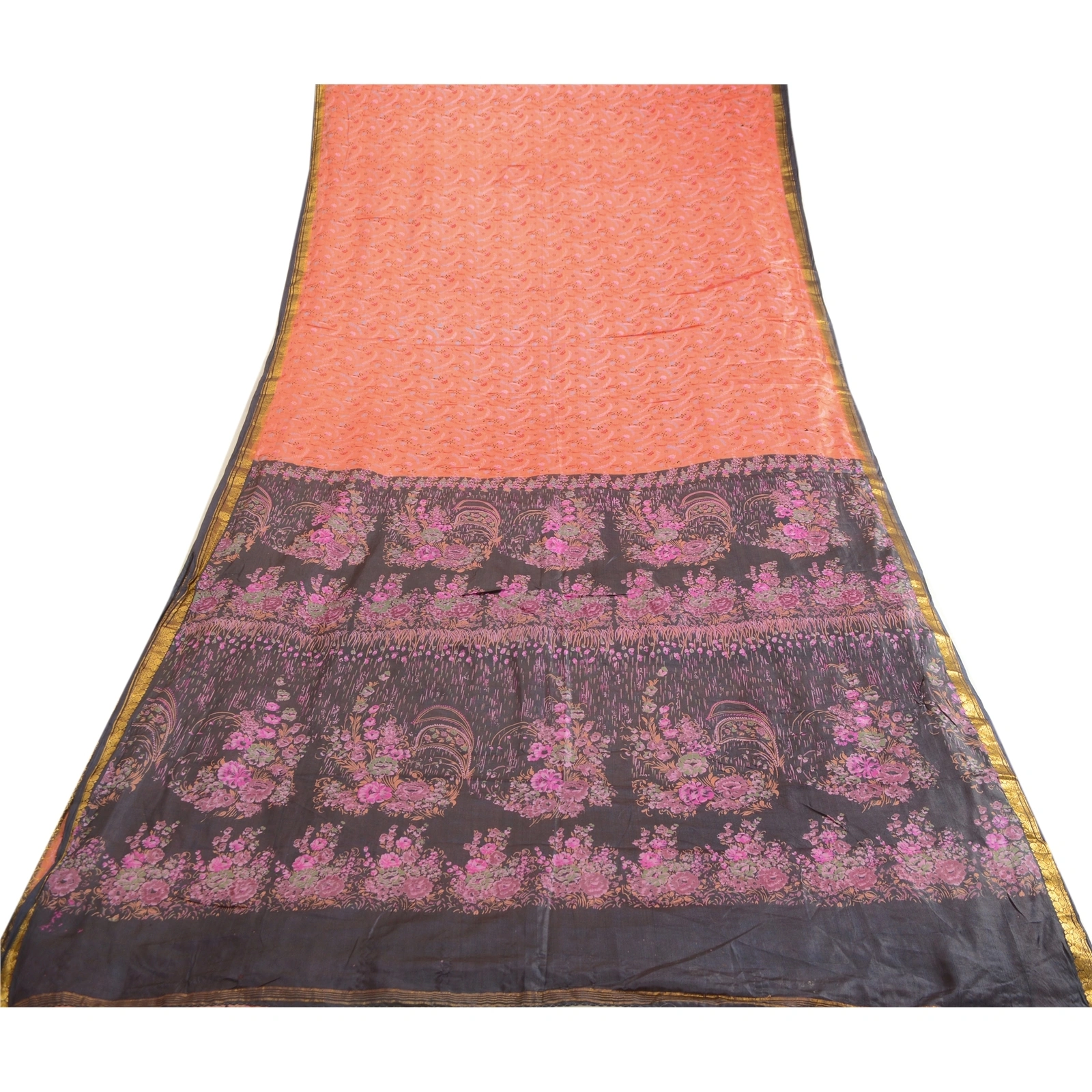 Sanskriti Vintage Sarees Peach Zari Border Pure Silk Printed Sari Craft Fabric, PR-63604-Peach-Pure Silk-7