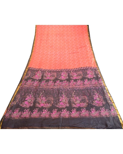 Sanskriti Vintage Sarees Peach Zari Border Pure Silk Printed Sari Craft Fabric, PR-63604-Peach-Pure Silk-7
