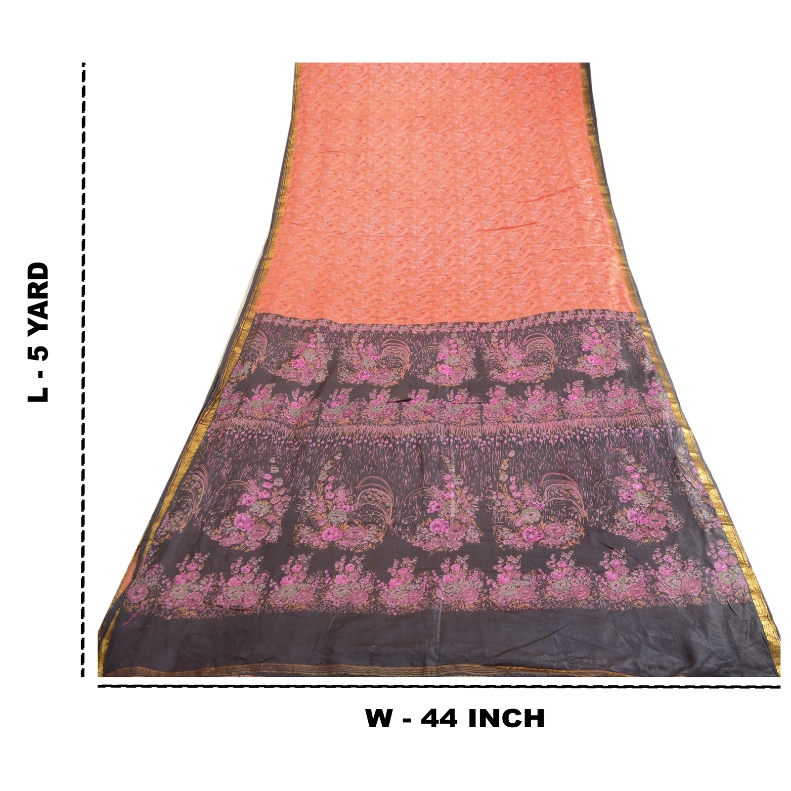 Sanskriti Vintage Sarees Peach Zari Border Pure Silk Printed Sari Craft Fabric, PR-63604-Peach-Pure Silk-8