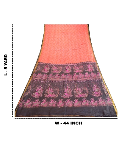 Sanskriti Vintage Sarees Peach Zari Border Pure Silk Printed Sari Craft Fabric, PR-63604-Peach-Pure Silk-8