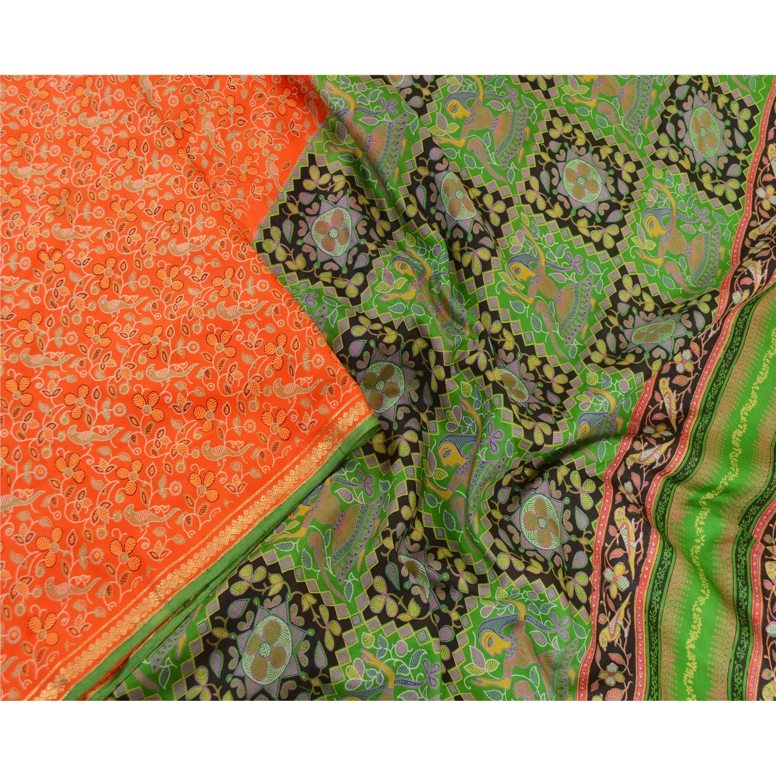 Sanskriti Vintage Sarees Orange Zari Border Pure Silk Printed Sari Craft Fabric, PR-63607-Orange-Pure Silk-1