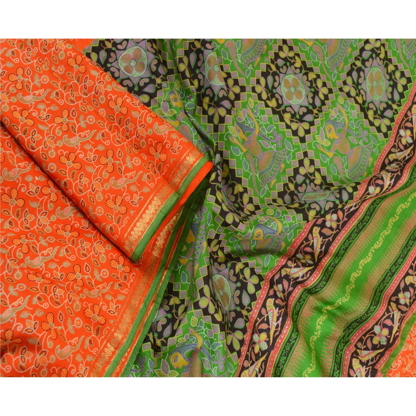 Sanskriti Vintage Sarees Orange Zari Border Pure Silk Printed Sari Craft Fabric, PR-63607-Orange-Pure Silk-2