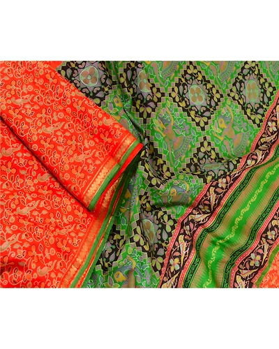 Sanskriti Vintage Sarees Orange Zari Border Pure Silk Printed Sari Craft Fabric, PR-63607-Orange-Pure Silk-2