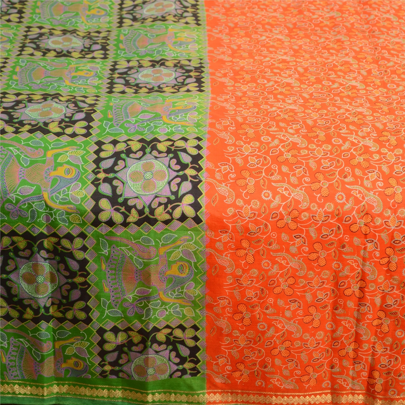 Sanskriti Vintage Sarees Orange Zari Border Pure Silk Printed Sari Craft Fabric, PR-63607-Orange-Pure Silk-3