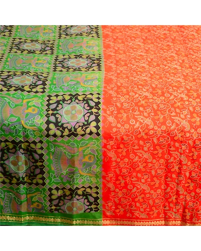 Sanskriti Vintage Sarees Orange Zari Border Pure Silk Printed Sari Craft Fabric, PR-63607-Orange-Pure Silk-3