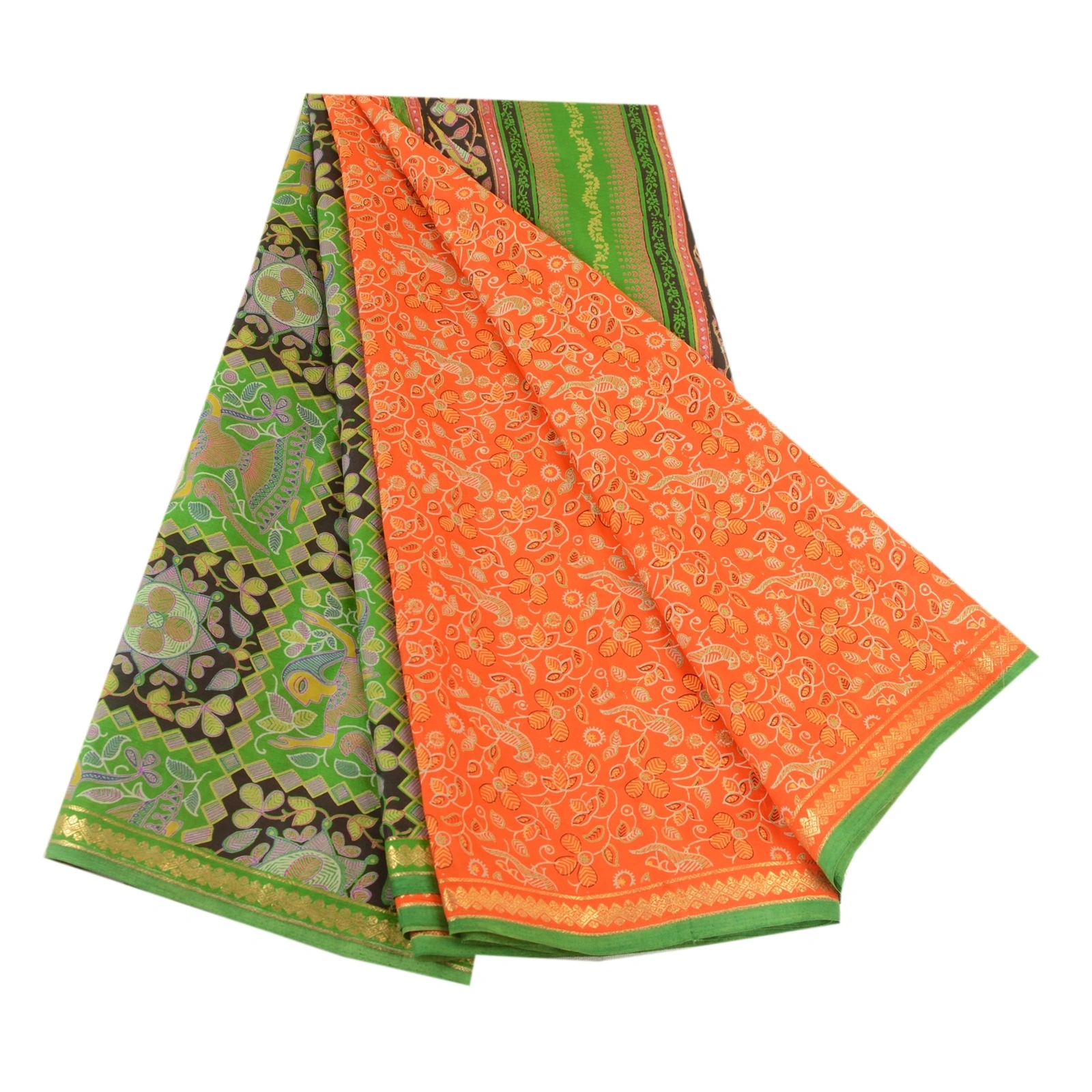 Sanskriti Vintage Sarees Orange Zari Border Pure Silk Printed Sari Craft Fabric, PR-63607-Orange-Pure Silk-6