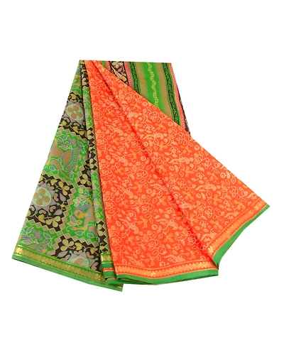 Sanskriti Vintage Sarees Orange Zari Border Pure Silk Printed Sari Craft Fabric, PR-63607-Orange-Pure Silk-6