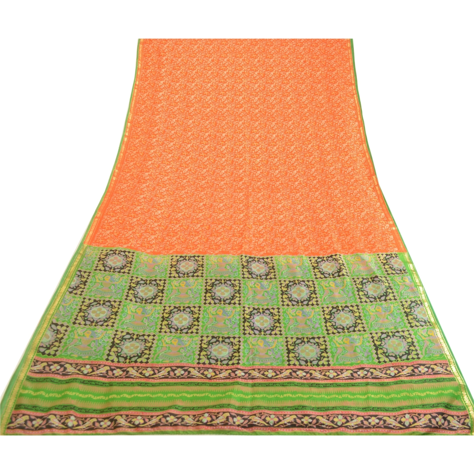 Sanskriti Vintage Sarees Orange Zari Border Pure Silk Printed Sari Craft Fabric, PR-63607-Orange-Pure Silk-7