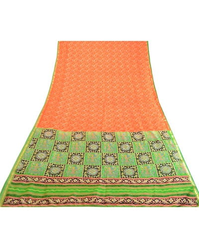 Sanskriti Vintage Sarees Orange Zari Border Pure Silk Printed Sari Craft Fabric, PR-63607-Orange-Pure Silk-7