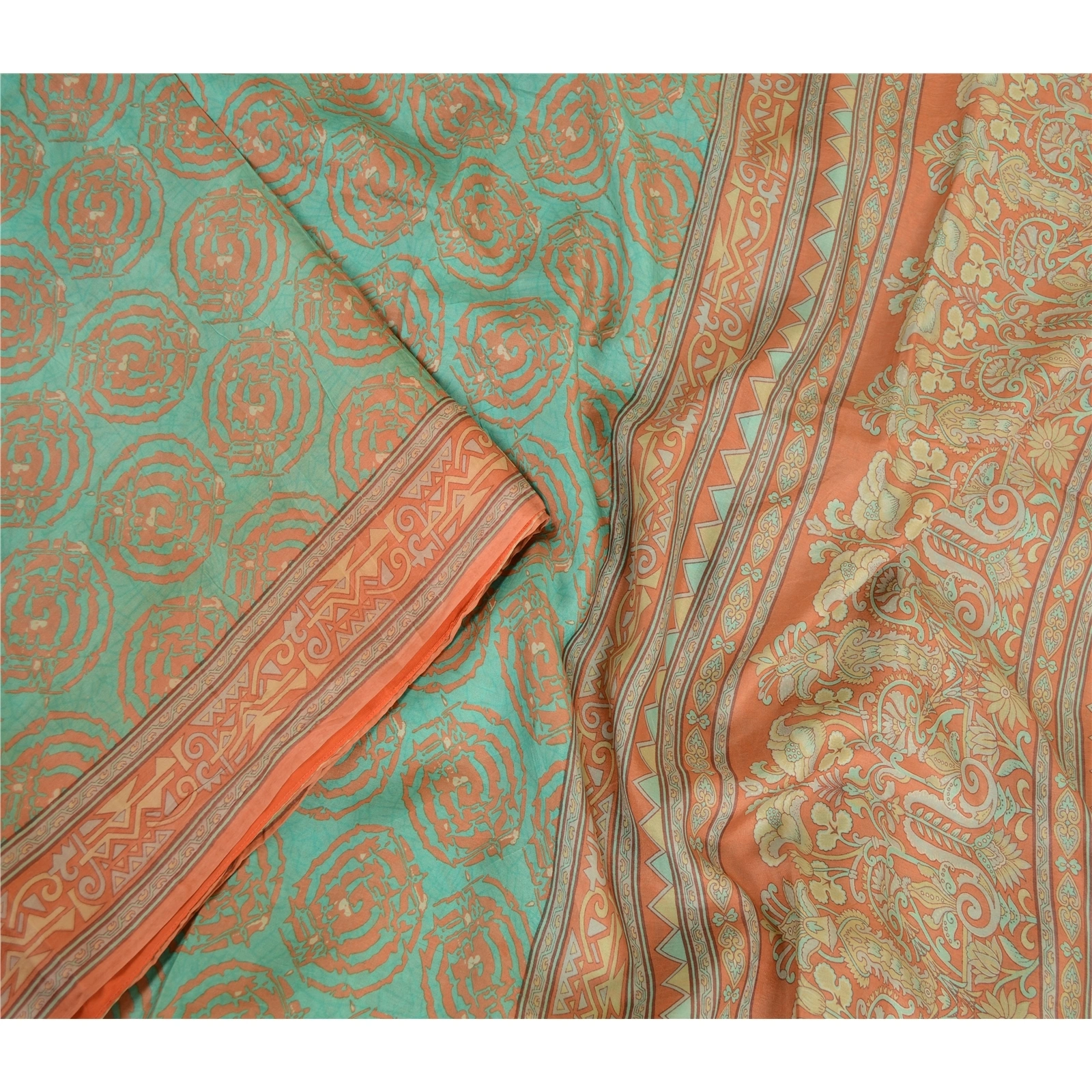 Sanskriti Vintage Sarees Indian Green Pure Silk Printed Sari Floral Craft Fabric, PR-63610-Green-Pure Silk-1