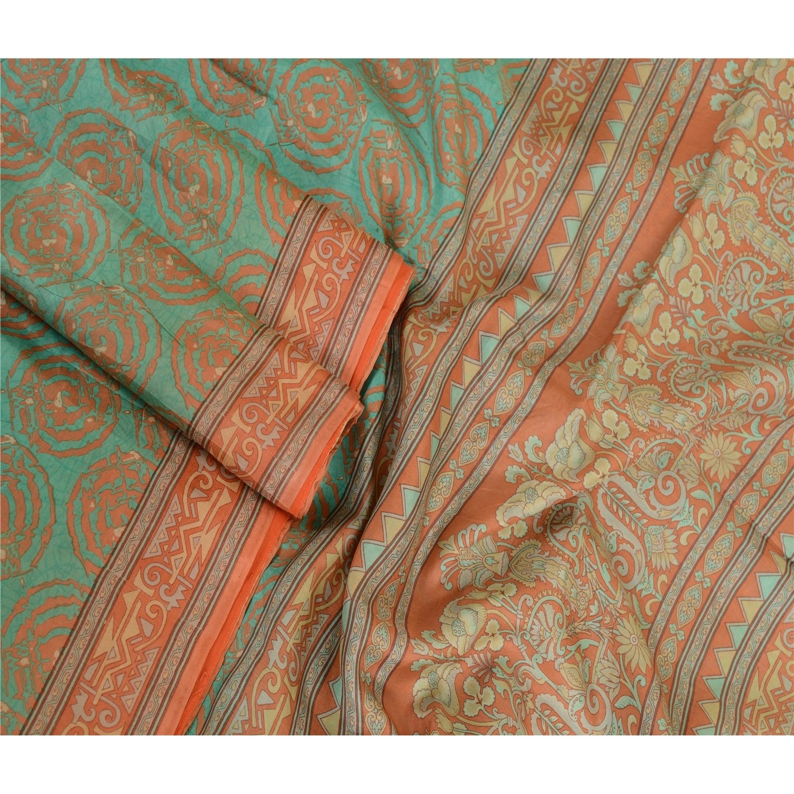 Sanskriti Vintage Sarees Indian Green Pure Silk Printed Sari Floral Craft Fabric, PR-63610-Green-Pure Silk-2