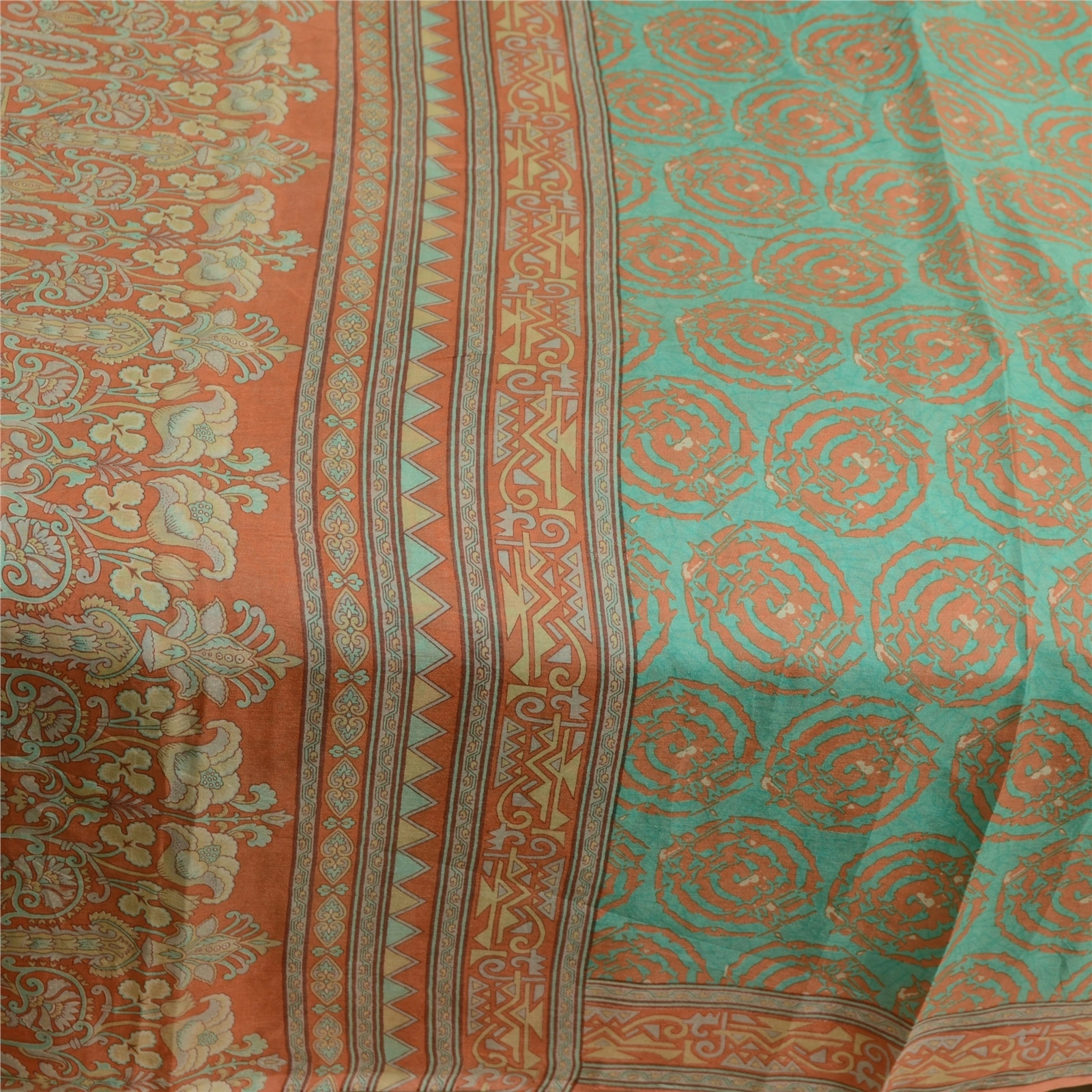 Sanskriti Vintage Sarees Indian Green Pure Silk Printed Sari Floral Craft Fabric, PR-63610-Green-Pure Silk-3