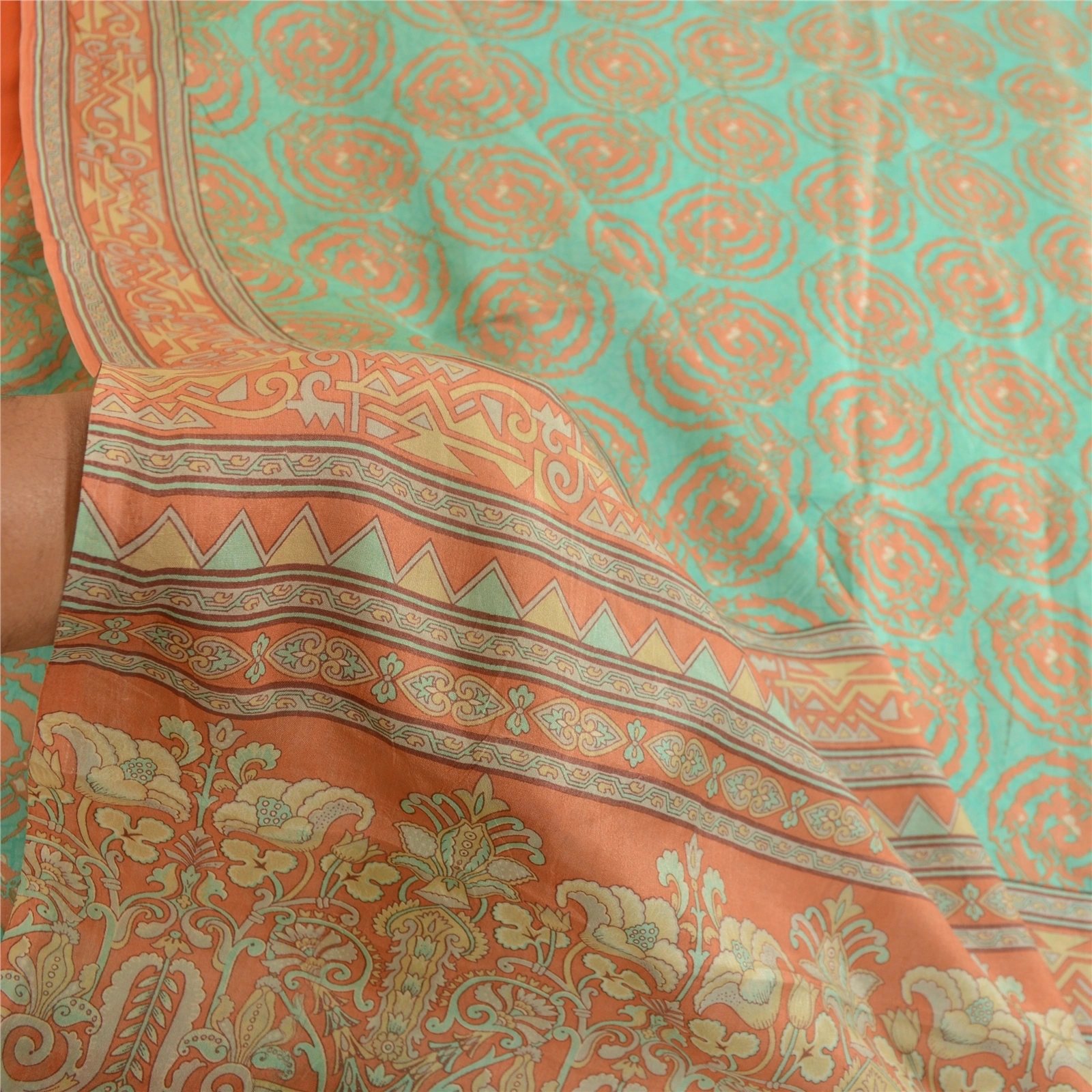 Sanskriti Vintage Sarees Indian Green Pure Silk Printed Sari Floral Craft Fabric, PR-63610-Green-Pure Silk-5