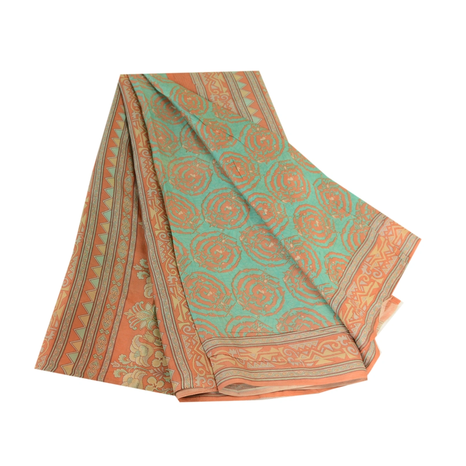 Sanskriti Vintage Sarees Indian Green Pure Silk Printed Sari Floral Craft Fabric, PR-63610-Green-Pure Silk-6