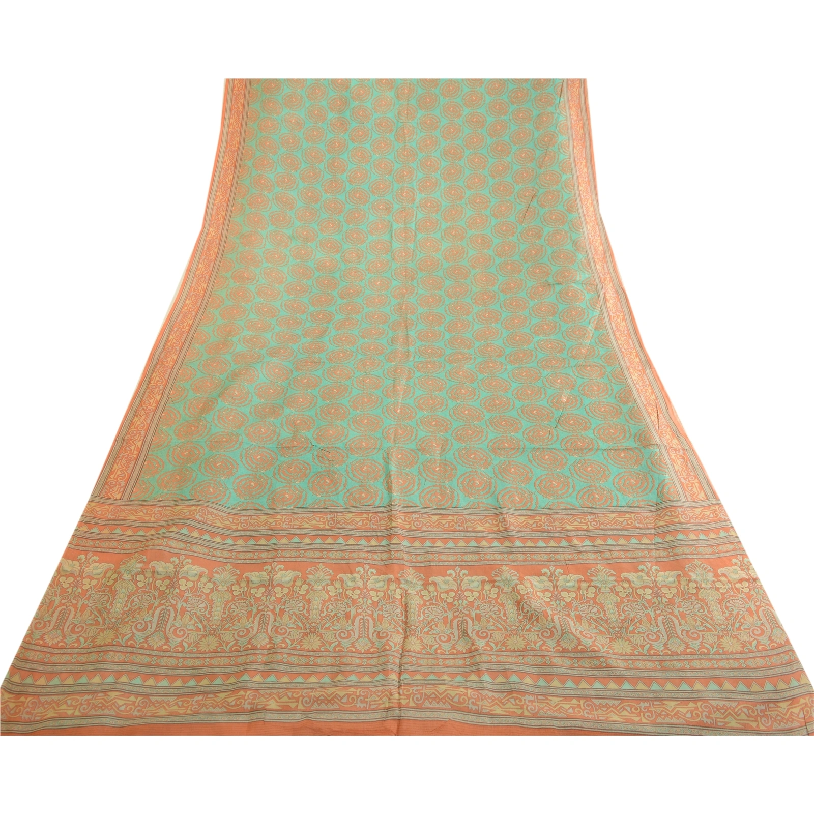 Sanskriti Vintage Sarees Indian Green Pure Silk Printed Sari Floral Craft Fabric, PR-63610-Green-Pure Silk-7