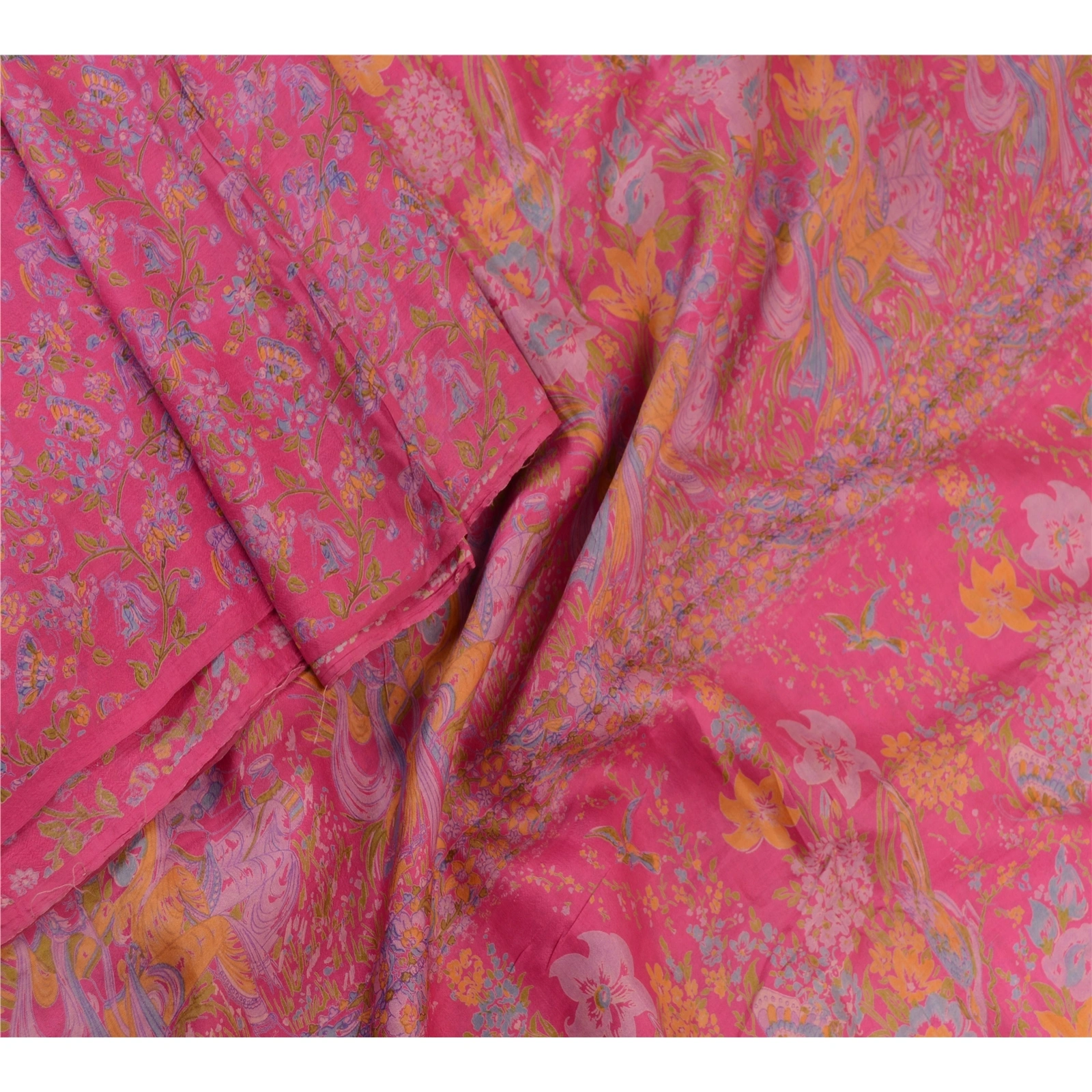 Sanskriti Vintage Sarees Pink Indian Printed Pure Silk Sari Floral Craft Fabric, PR-63623-Pink-Pure Silk-1