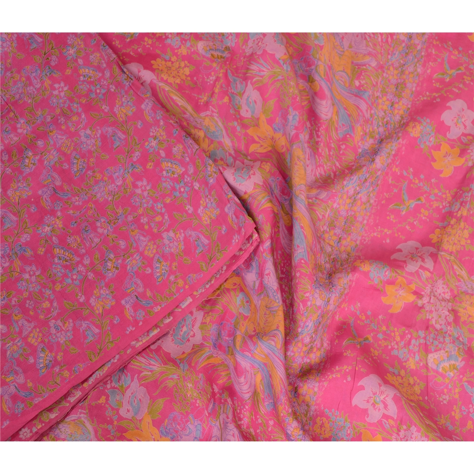 Sanskriti Vintage Sarees Pink Indian Printed Pure Silk Sari Floral Craft Fabric, PR-63623-Pink-Pure Silk-2