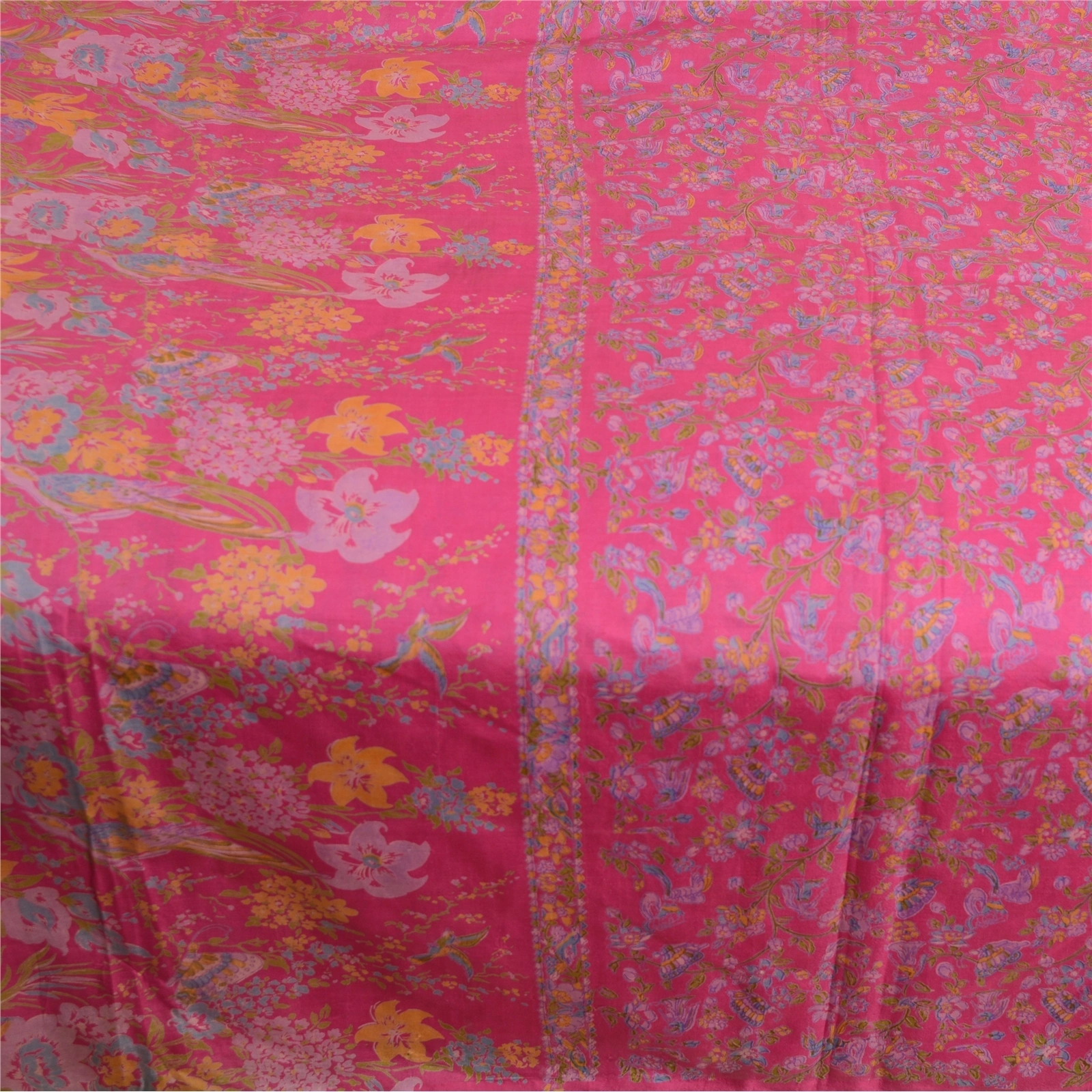 Sanskriti Vintage Sarees Pink Indian Printed Pure Silk Sari Floral Craft Fabric, PR-63623-Pink-Pure Silk-3