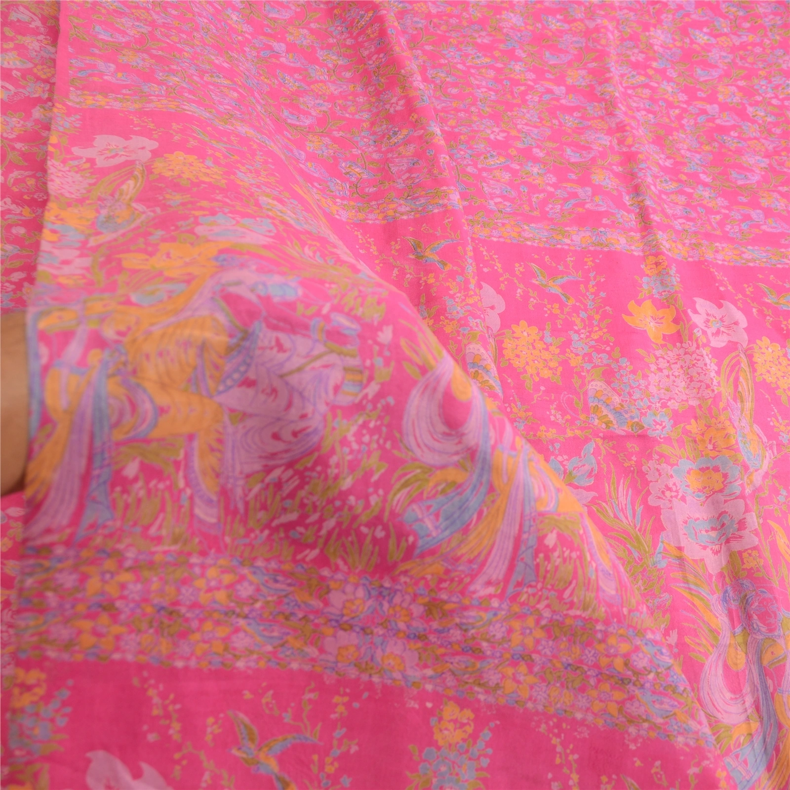 Sanskriti Vintage Sarees Pink Indian Printed Pure Silk Sari Floral Craft Fabric, PR-63623-Pink-Pure Silk-5