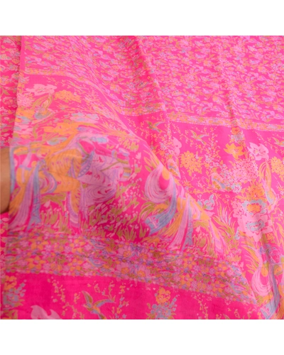Sanskriti Vintage Sarees Pink Indian Printed Pure Silk Sari Floral Craft Fabric, PR-63623-Pink-Pure Silk-5