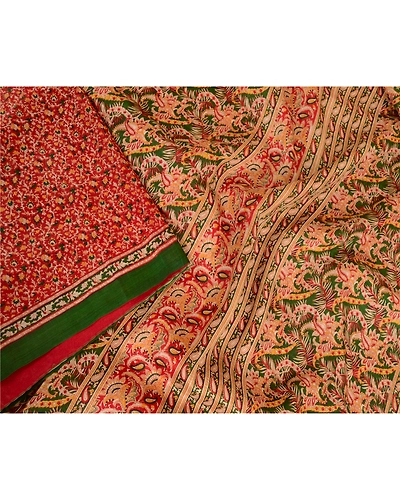 Sanskriti Vintage Sarees Red Indian Printed Pure Silk Sari 5Yd Soft Craft Fabric, PR-63627-Red-Pure Silk-1