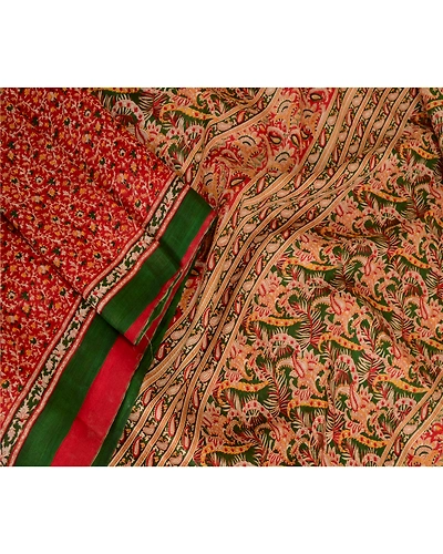 Sanskriti Vintage Sarees Red Indian Printed Pure Silk Sari 5Yd Soft Craft Fabric, PR-63627-Red-Pure Silk-2