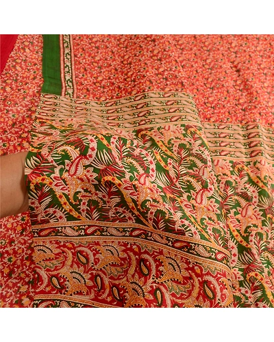 Sanskriti Vintage Sarees Red Indian Printed Pure Silk Sari 5Yd Soft Craft Fabric, PR-63627-Red-Pure Silk-5