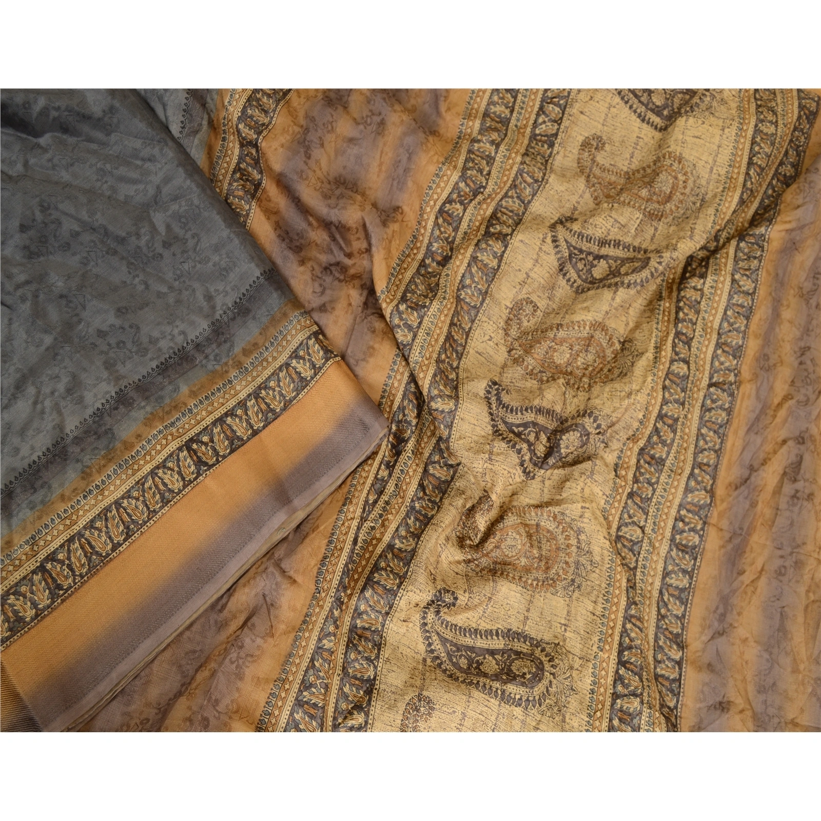 Sanskriti Vintage Sarees Gray Pure Silk Printed Woven Sari Floral Craft Fabric, PR-63631-Gray-Pure Silk-1