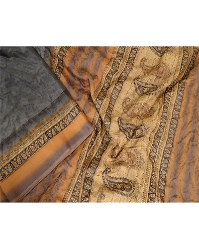 Sanskriti Vintage Sarees Gray Pure Silk Printed Woven Sari Floral Craft Fabric, PR-63631-Gray-Pure Silk-1