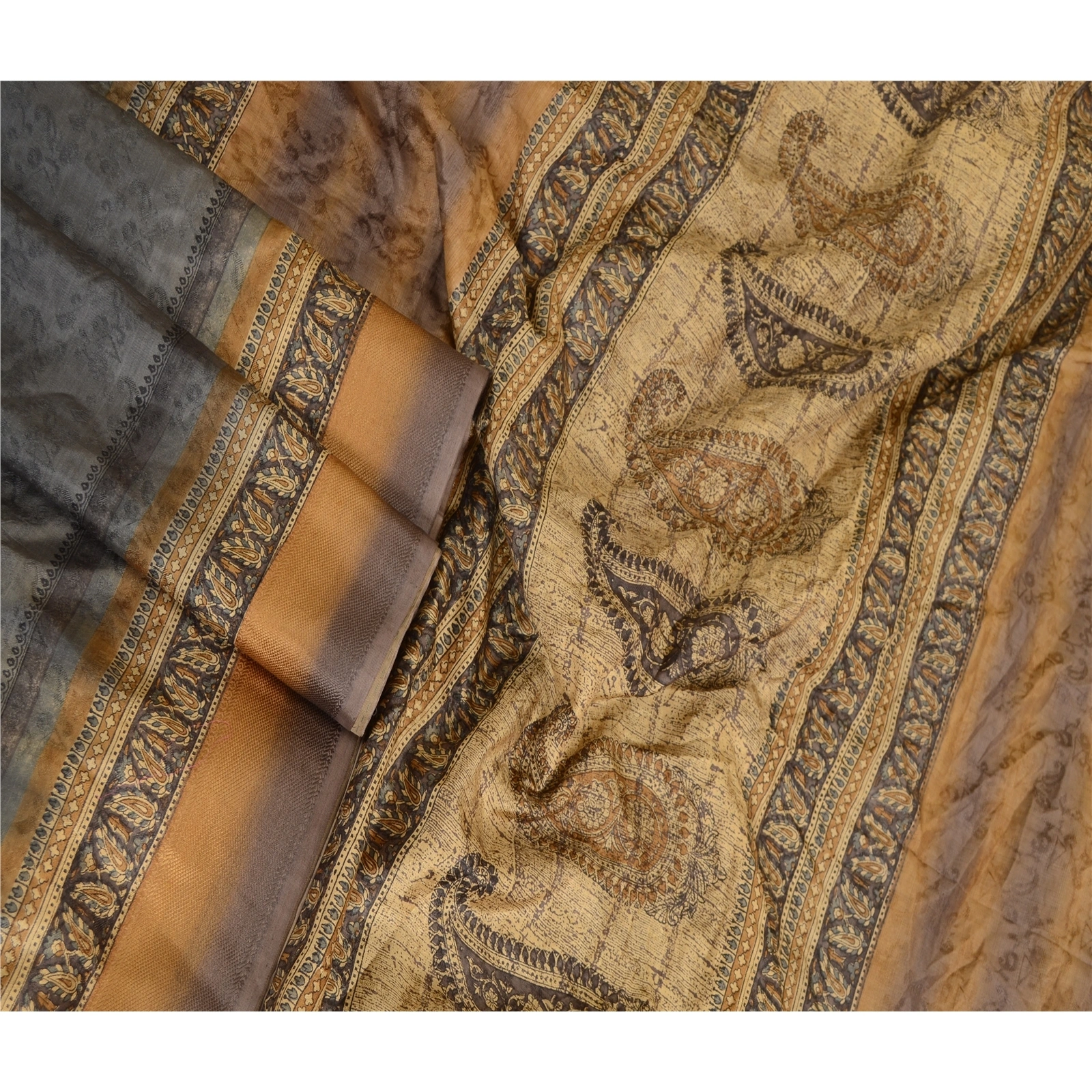 Sanskriti Vintage Sarees Gray Pure Silk Printed Woven Sari Floral Craft Fabric, PR-63631-Gray-Pure Silk-2