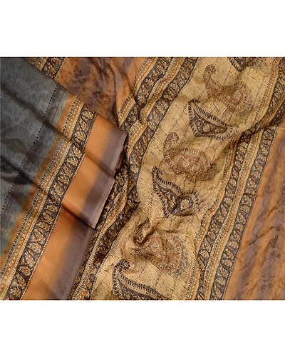 Sanskriti Vintage Sarees Gray Pure Silk Printed Woven Sari Floral Craft Fabric, PR-63631-Gray-Pure Silk-2